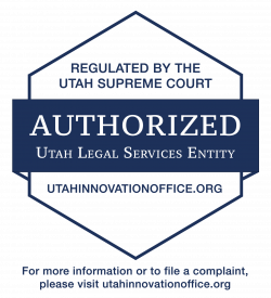 Blue six-sided badge with the words: Regulated by the Utah Supreme Court, AUTHORIZED Utah Legal Services Entity, and the URL utahinnovationoffice.org